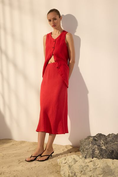 Trendyol Collection Red 100% Linen Elastic Waist High Waist Midi Skirt Twoss24Et00152
