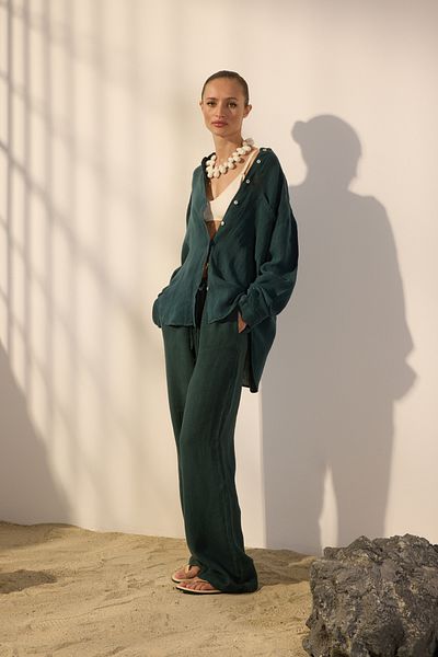Trendyol Collection Petrol Green 100% Linen Oversize Shirt Twoss25Go00131