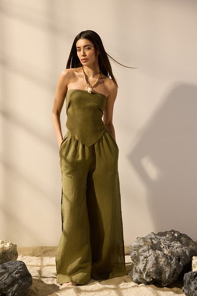 Trendyol Collection Χακί λινό κασκόλ Bustier - Μπλούζα παραλίας TBESS25BZ00011