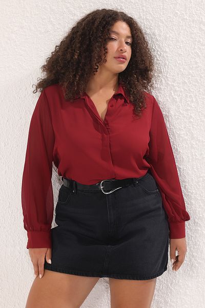 Trendyol Curve Πουκάμισο σιφόν μπορντό σε μεγάλο μέγεθος - μακρυμάνικο με κουμπιά - TBBAW23AX00004