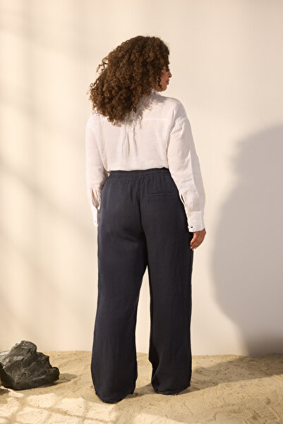 Trendyol Curve Μπλε Navy 100% λινό υφαντό παντελόνι μεγάλου μεγέθους με φαρδύ πόδι TBBSS25AR00043