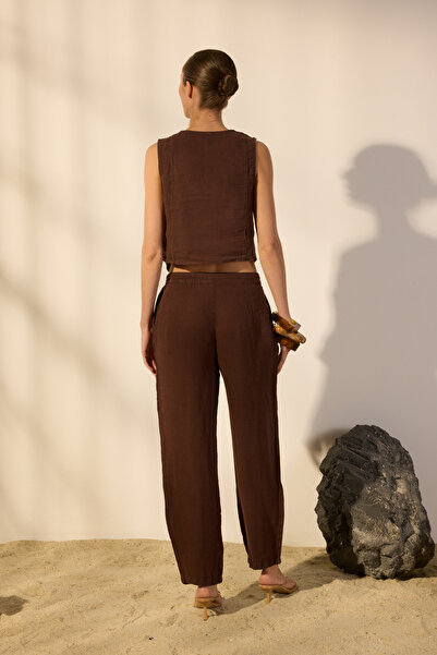 Trendyol Collection Brown 100% Linen Belt Detailed Barrel Trousers Twoss25Je00241