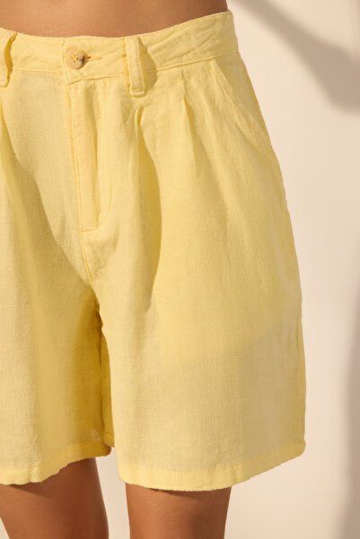 Trendyol Collection Yellow 100% Linen Pleated High Waist Shorts Twoss24Sr00093