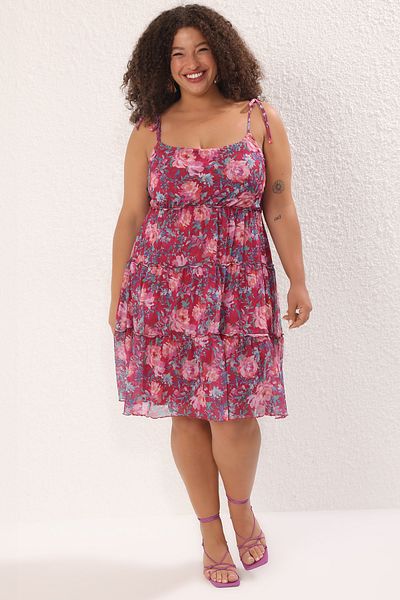 Trendyol Curve Floral Print Mini Tulle Knitted Dress Plus Size Ruffle