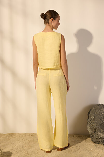 Trendyol Collection Κίτρινο 100% λινό πλισέ ψηλόμεσο παντελόνι φαρδύ TWOSS24JE00245