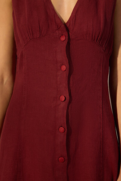 Trendyol Collection Burgundy 100% Linen Midi Button Detail V-Neck Dress Twoss25El00635