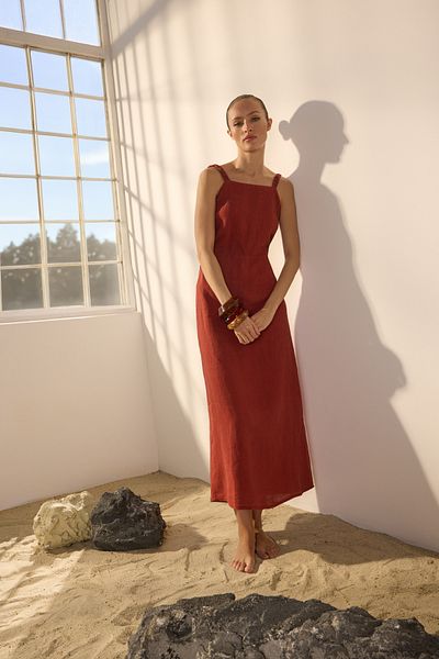 Trendyol Collection Tile 100% Linen Back Detailed Maxi Dress Twoss25El00637