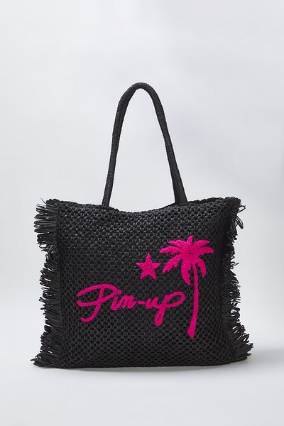 TRENDYOL SHOES Black Embroidered Tassel Detailed Straw Women Maxi Tote Shoulder Bag Takss25Oc00049