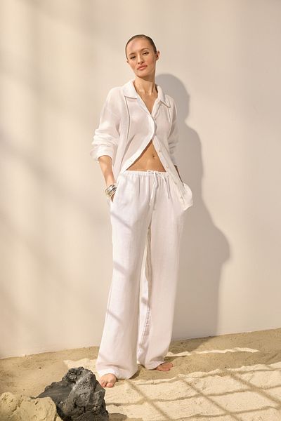 Trendyol Collection Λευκό 100% λινό ελαστική μέση κανονική μέση φαρδιά παντελόνι