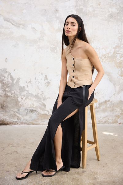 Trendyol Collection Beige Regular Linen Look Single Sleeve Woven Vest Twoss25Ye00086
