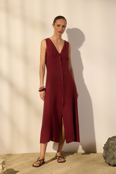 Trendyol Collection Rochie burgundă 100% in, cu nasturi midi, cu decolteu în V TWOSS25EL00635