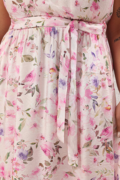 Trendyol Curve Ecru Floral Midi Length Shiny Fabric Woven Plus Size Dress Tbbss25Ah00204