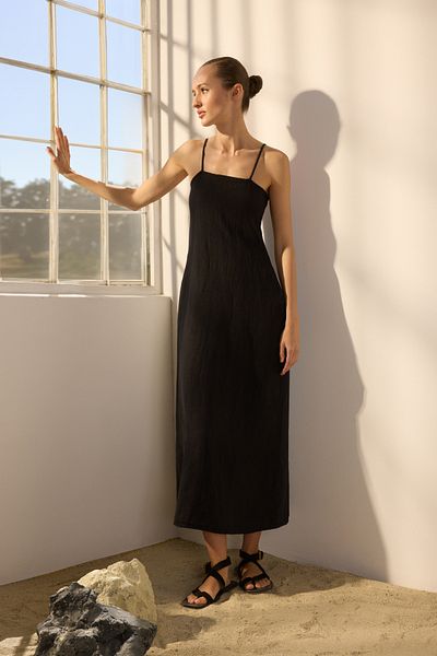 Trendyol Collection Black 100% Linen Basic Midi Dress Twoss25El00606