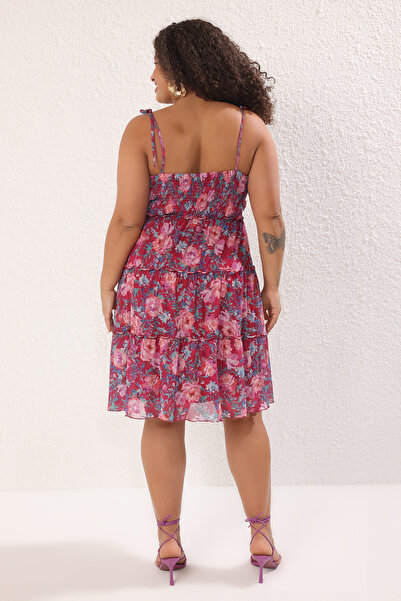 Trendyol Curve Floral Print Mini Tulle Knitted Dress Plus Size Ruffle