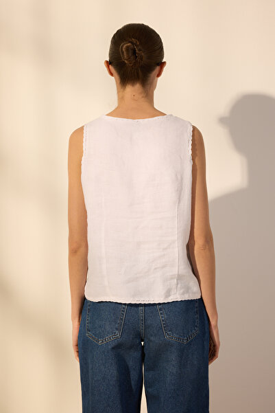 Trendyol Collection White 100% Linen Lace Trim Blouse Twoss25Bz00452