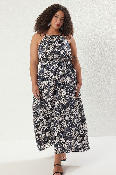 Trendyol Curve Multicolored Floral Midi Length Bright Fabric Woven Plus Size Dress Tbbss25Ah00204