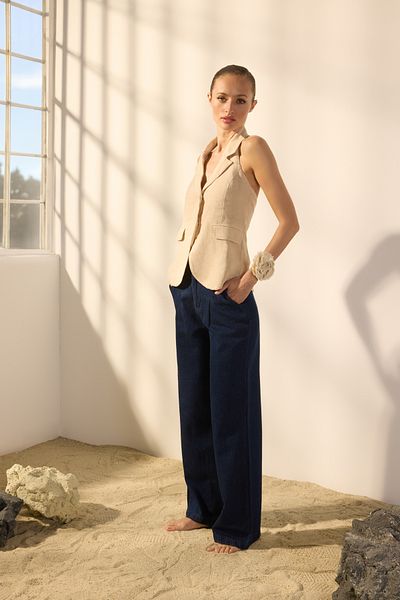 Trendyol Collection Beige 100% Linen Pocket Detailed Halter Neck Vest Twoss25Ye00107