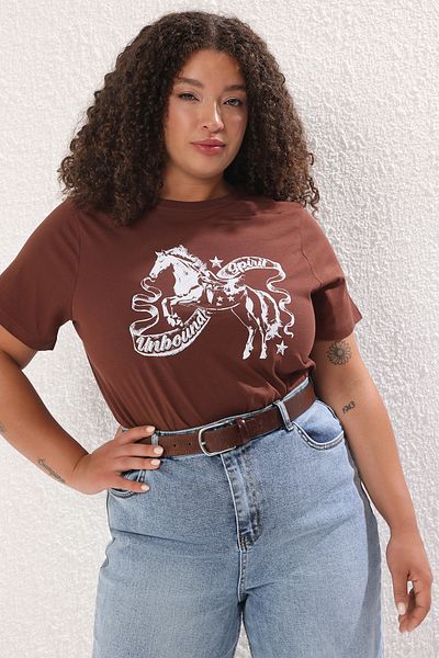 Trendyol Curve Brown Regular Fit Cowboy Themed T-Shirt Large Size Tbbss25Bf00066