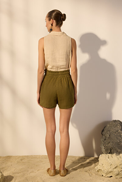 Trendyol Collection Khaki 100% Linen Elastic Waist High Waist Shorts Twoss23Sr00319