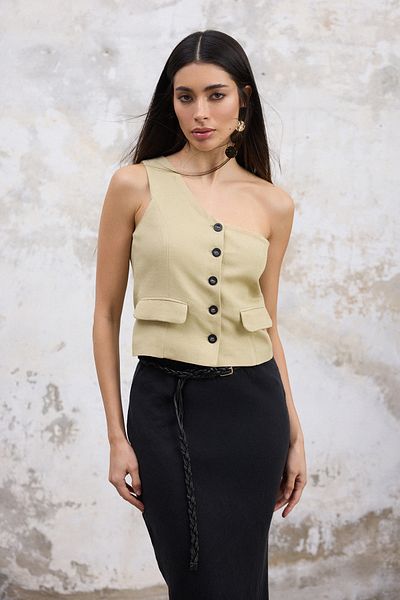 Trendyol Collection Khaki Regular Linen Look Single Sleeve Woven Vest Twoss25Ye00086