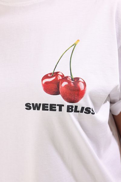 Trendyol Curve White Front and Back Cherry Printed Oversize Fit Large Size T-Shirt Tbbss25Bf00067