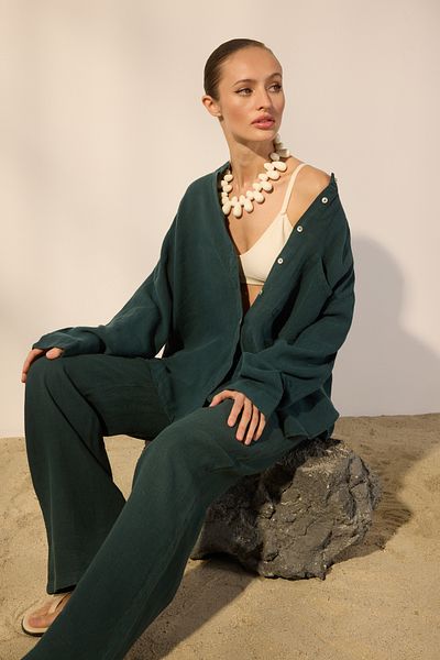 Trendyol Collection Petrol Green 100% Linen Oversize Shirt Twoss25Go00131