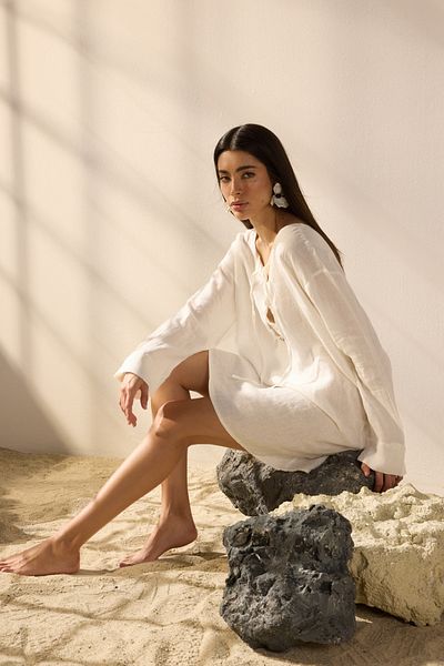 Trendyol Collection Λευκό Μίνι υφαντό 100% λινό δέσιμο φόρεμα παραλίας TBESS25EL00104