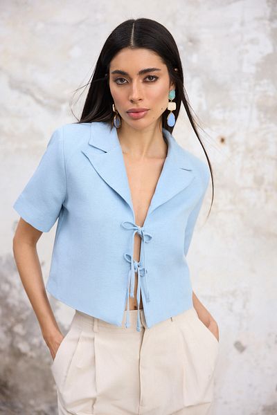 Trendyol Collection Jachetă de bluză țesută cu mâneci scurte din in albastru deschis TWOSS25BC00027