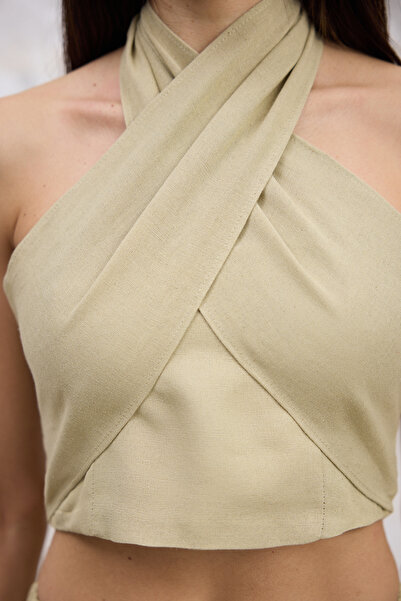 Trendyol Collection Light Khaki Linen Content Woven Blouse Pants Bottom-Top Suit Twoss25Au00108