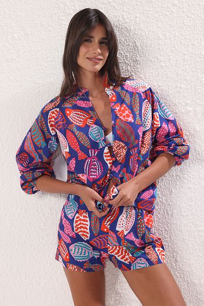 Trendyol Collection Fish Pattern Woven 100% Cotton Beach Shirt Shorts Suit Tbess25Au00077