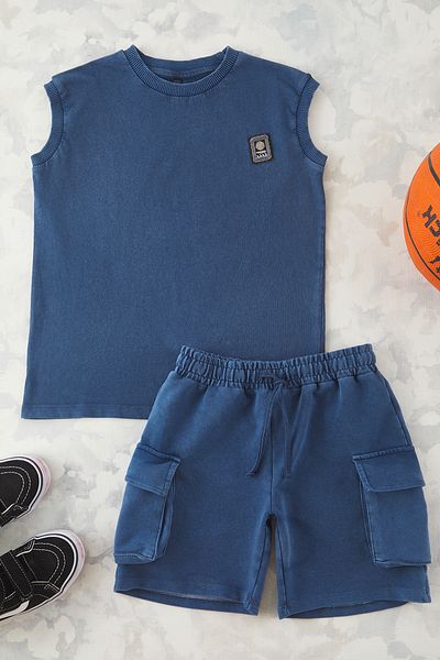 TRENDYOLKIDS Indigo Male Child Cotton Extreme Effect Basic Sleeveless Bottom-Top Suit Tkdss25Au00026