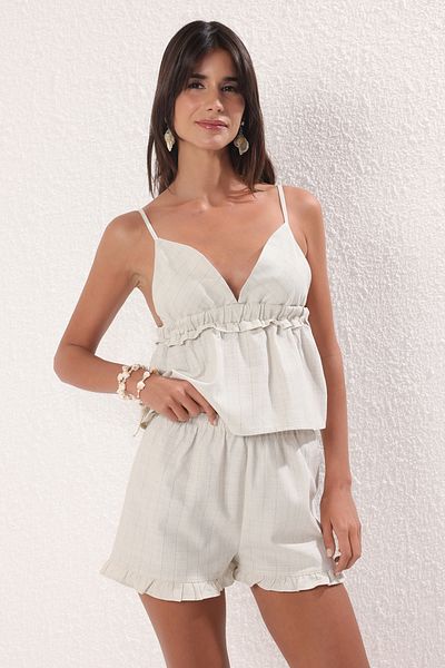 Trendyol Collection Ecru Striped Woven Ruffle Detailed Linen Look Beach Blouse Shorts Set Tbess25Au00066