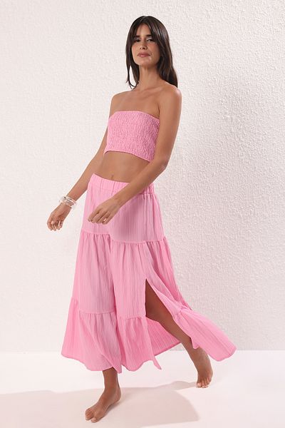 Trendyol Collection Pink Textured Strapless Textured Blouse Skirt Beach Suit Tbess25Au00045