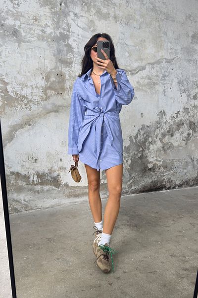 Trendyol Collection Rochie cămașă mini țesătă din popelin cu dungi albastre TWOSS25EL00220