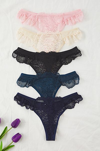 Trendyol Collection Blau & Mehrfarbig 5 Münzen Pack Tüll Spitze Detail Tanga Gestrickte Höschen