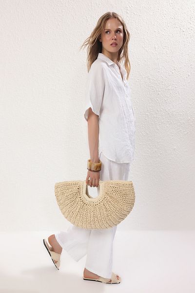 TRENDYOL SHOES Beige Straw Hand Knitted Women's Oval Hand Bag Takss25Oc00062