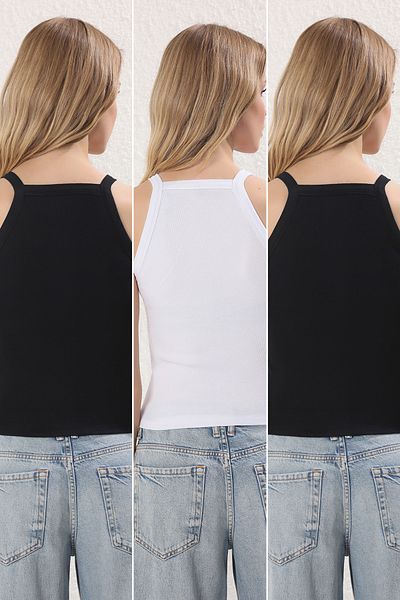 Trendyol Collection Black-Black-White Halter Neck 3-Pack Knitted Tank Top Twoss25Al00056
