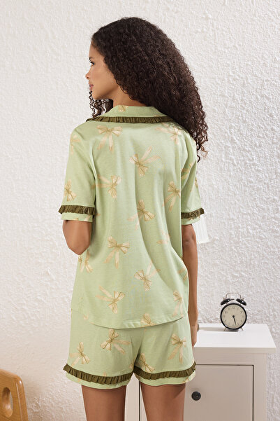 Trendyol Collection Green 100% Cotton Ribbon/Bow Ruffle Shorts Knitted Pajamas Set Thmss25Pt00293