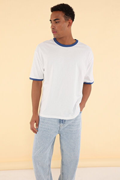 Trendyol Collection Unisex Oversize Saks T-Shirt - Stripe Sleeves, 100% Cotton, Tmnss25Ts00099