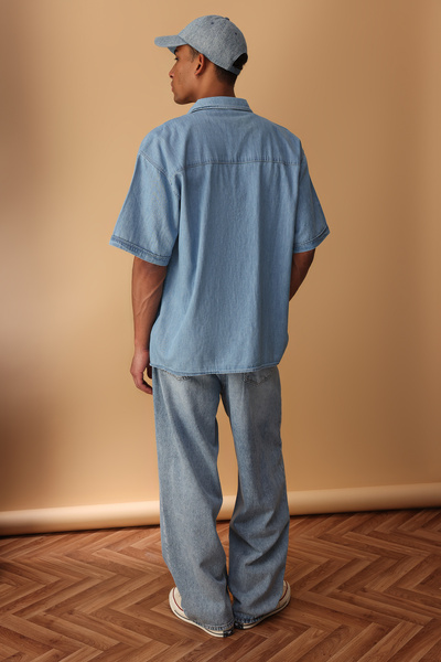 Trendyol Collection Blue Wide Fit Short Sleeve Western Denim Jeans Shirt Tmnss25Go00046