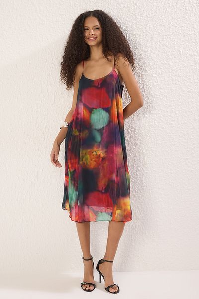 Trendyol Collection Multi-Colored Straight Cut Abstract Pattern Midi Woven Chiffon Lined Dress Twoss25El00806