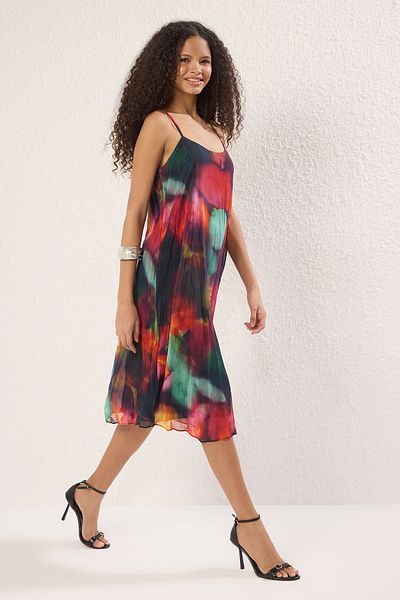 Trendyol Collection Multi-Colored Straight Cut Abstract Pattern Midi Woven Chiffon Lined Dress Twoss25El00806