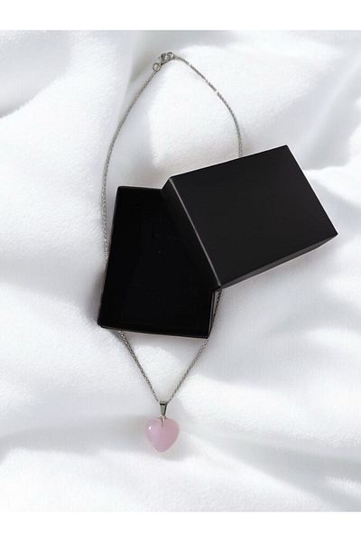Efulim Hediyelik Heart Cut Pink Quartz Natural Stone Pendant-(Shipped Together with Box)