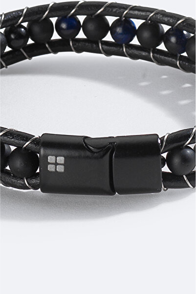 Avva Men's Black 100% Leather Ceyt and Onyx Stone Leather Bracelet A51Y9619