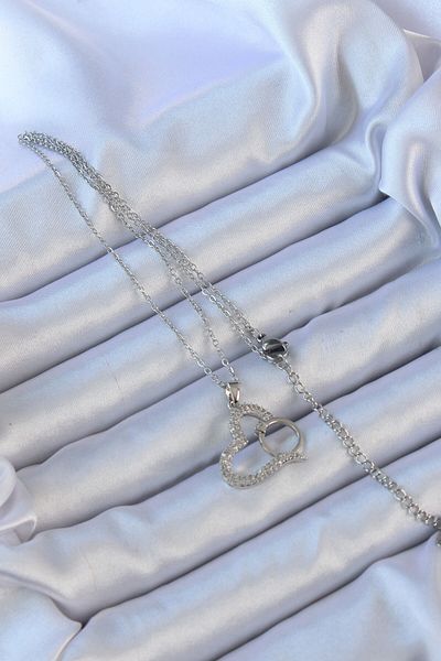Skygo Silver Colored 316L Heart Necklace - Chain and Zircon Stone Detail - Tj-Bko9146