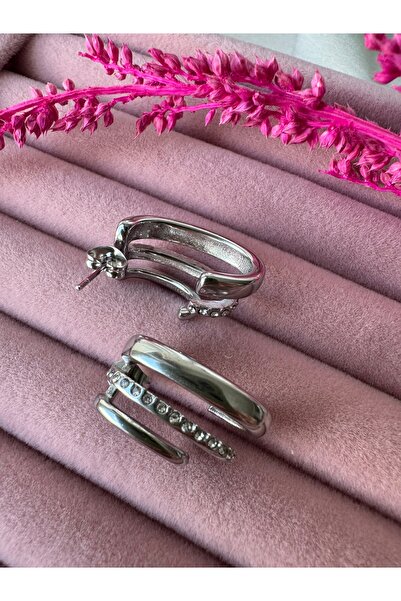 stainless steell Gümüş Renkli 3lü Görünümlü Halkalı Zirkon Taşlı Paslanmaz Çelik Küpe
