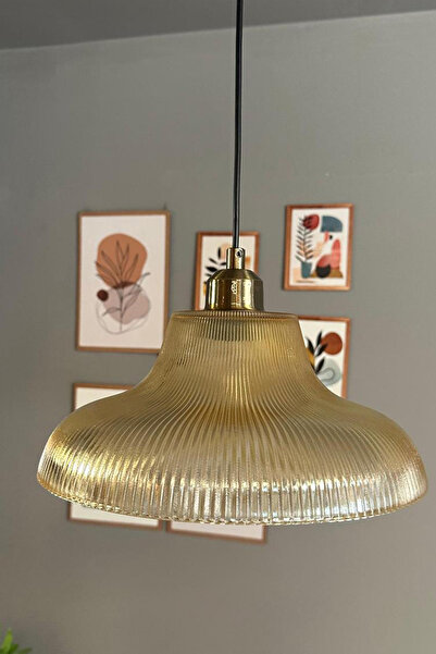 Bamyum Stark Cam Bal Rengi Tekli Avize Yarım Lale Başlık Retro Sarkıt Lamba Salon Aydınlatma