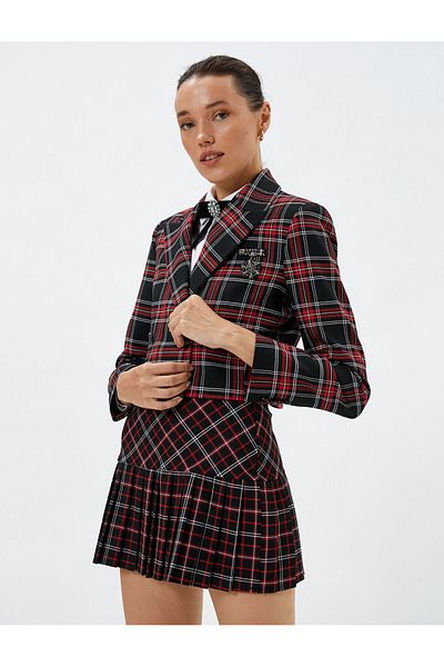 Koton Crop Blazer Padded Jacket Double Breasted Collar Buttoned Brooch Detailed