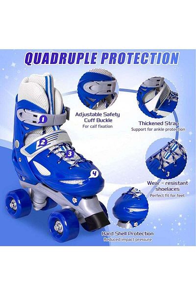 fulina 4 Wheel Skates Adjustable for Kids Youth Beginner Gift,with All Light Wheels,35-38cm Sizes,Blue