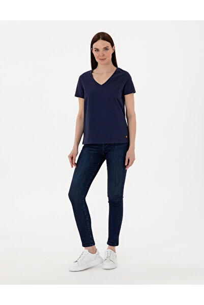 Pierre Cardin Navy Blue Regular Fit V-Neck Basic T-Shirt 50305749-Vr033